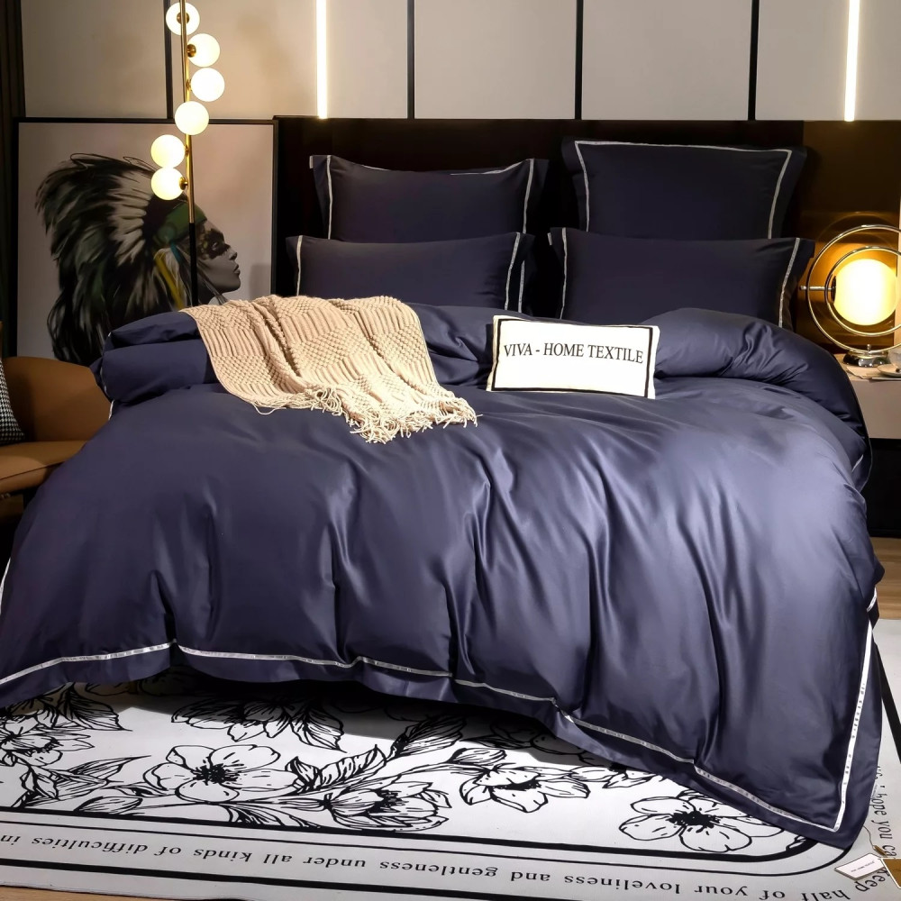Постельное белье Египетский хлопок Премиум широкий кант Серо-синий 2спальный от магазина современного текстиля Touch me Home
