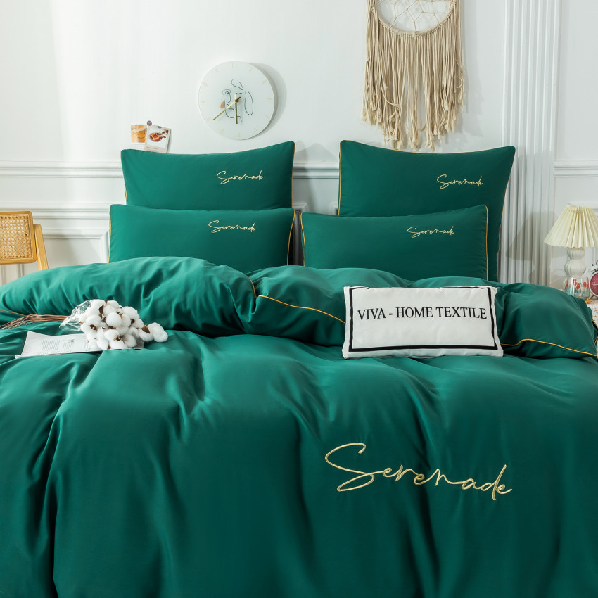 Комплект постельного белья Однотонный Сатин с Вышивкой на резинке CHR049 Двуспальный Изумруд , 160x200x30