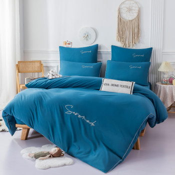 Комплект постельного белья Однотонный Сатин с Вышивкой на резинке CHR039 Двуспальный Ярко-синий , 160x200x30