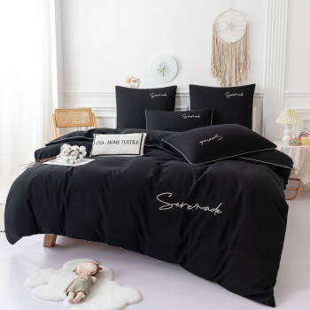 Комплект постельного белья Однотонный Сатин с Вышивкой на резинке CHR020 Двуспальный Черный, 160x200x30