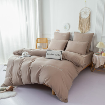 Комплект постельного белья Однотонный Сатин с Вышивкой на резинке CHR028 Двуспальный Бежевый , 160x200x30
