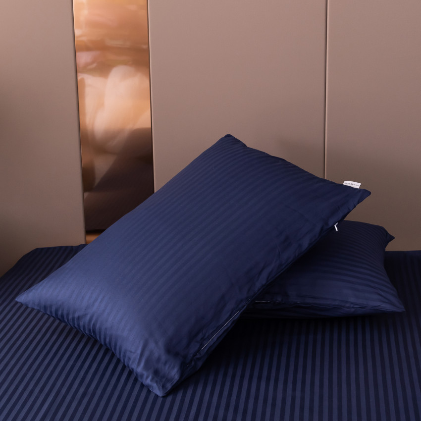 Постельное белье Страйп Сатин Синий 2 спальный, на резинке 140x200x25