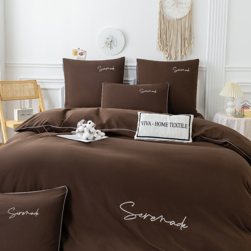 Комплект постельного белья Однотонный Сатин с Вышивкой CH029 Полуторный Шоколадный