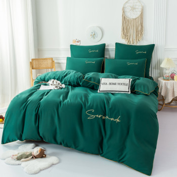 Комплект постельного белья Однотонный Сатин с Вышивкой на резинке CHR049 Евро Изумруд , 160x200x30