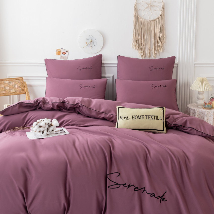 Комплект постельного белья Однотонный Сатин с Вышивкой CH043 Двуспальный Сиренево-розовый
