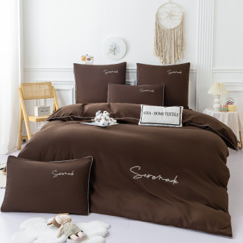 Комплект постельного белья Однотонный Сатин с Вышивкой на резинке CHR029 Двуспальный Шоколадный , 160x200x30