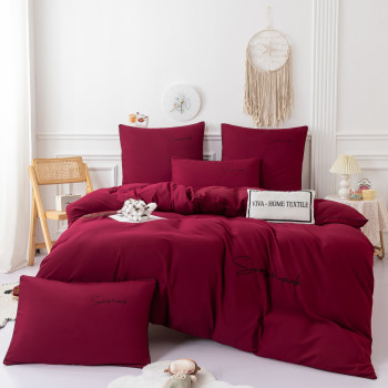 Комплект постельного белья Однотонный Сатин с Вышивкой CH022 Двуспальный Бордовый