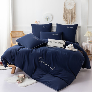 Комплект постельного белья Однотонный Сатин с Вышивкой на резинке CHR021 Двуспальный Синий , 160x200x30