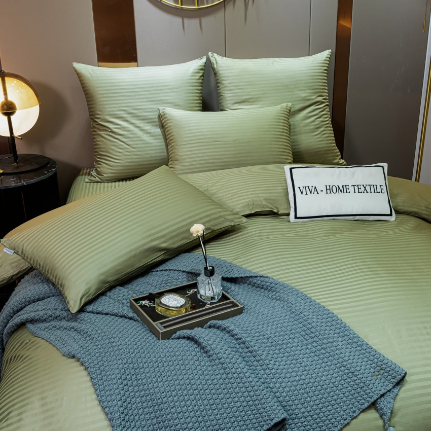 Постельное белье Страйп Сатин Светло-зеленый 2 спальный, на резинке 180x200x25