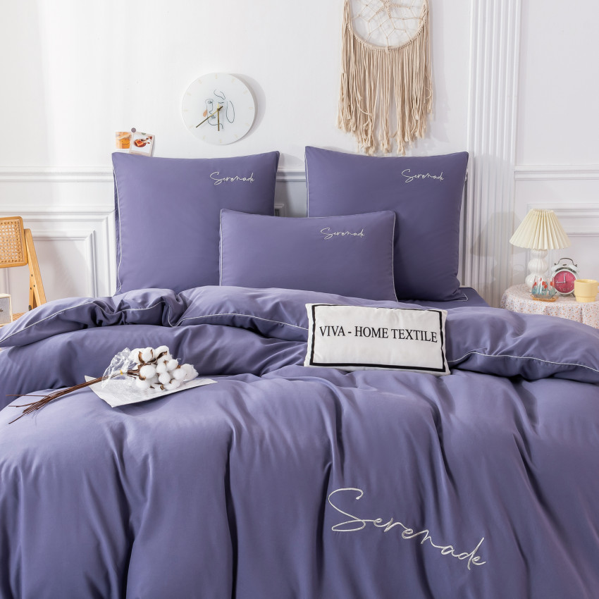 Комплект постельного белья Однотонный Сатин с Вышивкой CH051 Евро Светлый фиолетовый