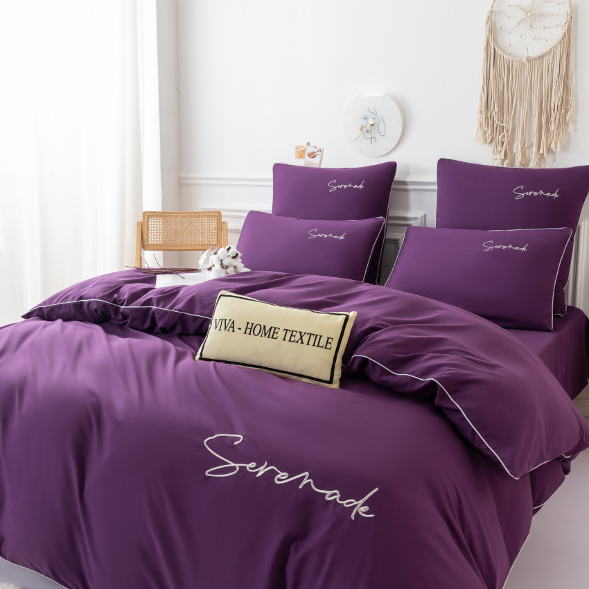 Комплект постельного белья Однотонный Сатин с Вышивкой CH027 Евро Темно-фиолетовый