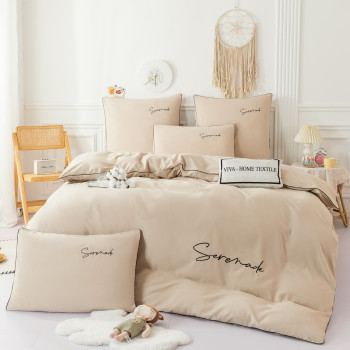 Комплект постельного белья Однотонный Сатин с Вышивкой на резинке CHR034 Двуспальный Кремовый , 160x200x30