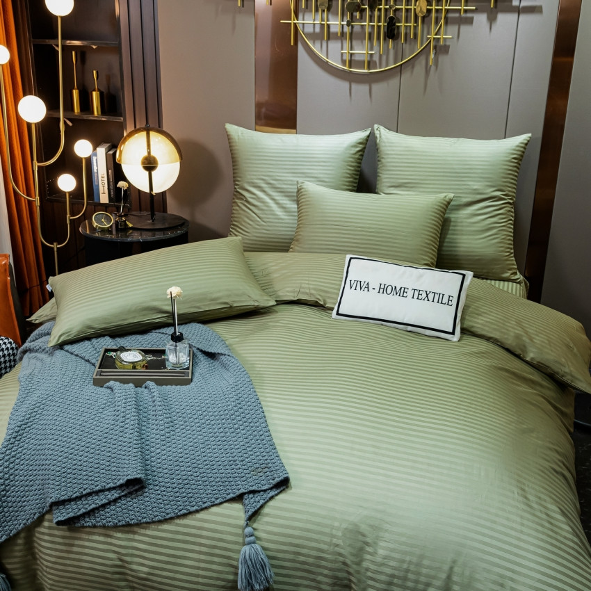 Постельное белье Страйп Сатин Светло-зеленый 2 спальный, на резинке 160x200x25