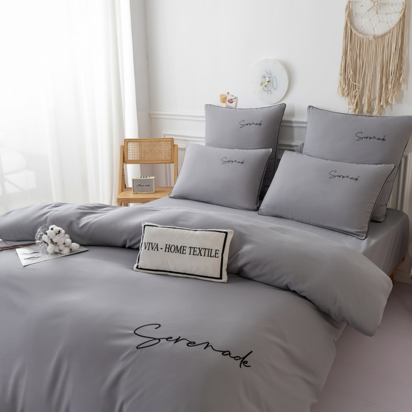 Комплект постельного белья Однотонный Сатин с Вышивкой CH042 Полуторный Серый