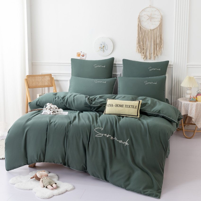Комплект постельного белья Однотонный Сатин с Вышивкой на резинке CHR046 Двуспальный Серовато-зеленый , 160x200x30