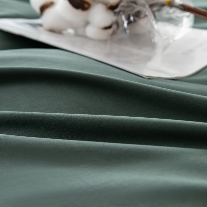 Комплект постельного белья Однотонный Сатин с Вышивкой на резинке CHR046 Двуспальный Серовато-зеленый , 160x200x30
