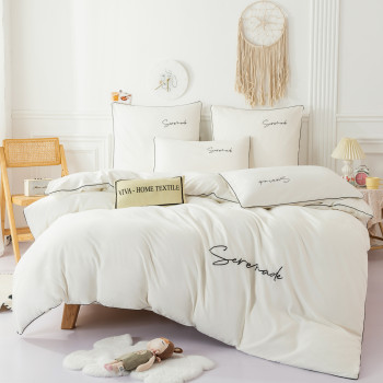 Комплект постельного белья Однотонный Сатин с Вышивкой CH037 Двуспальный Белый