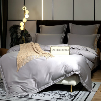 Постельное белье Египетский хлопок Премиум широкий кант Серебристый 2 спальный, на резинке 140x200x30