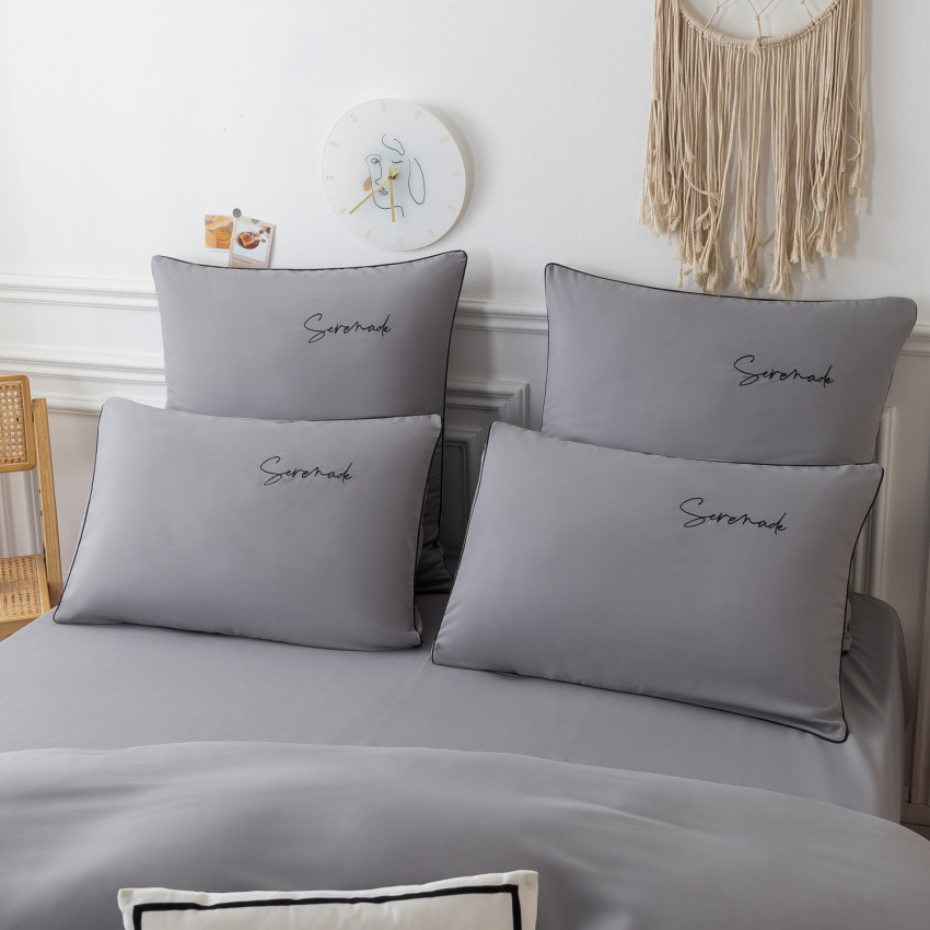 Комплект постельного белья Однотонный Сатин с Вышивкой CH042 Евро Серый
