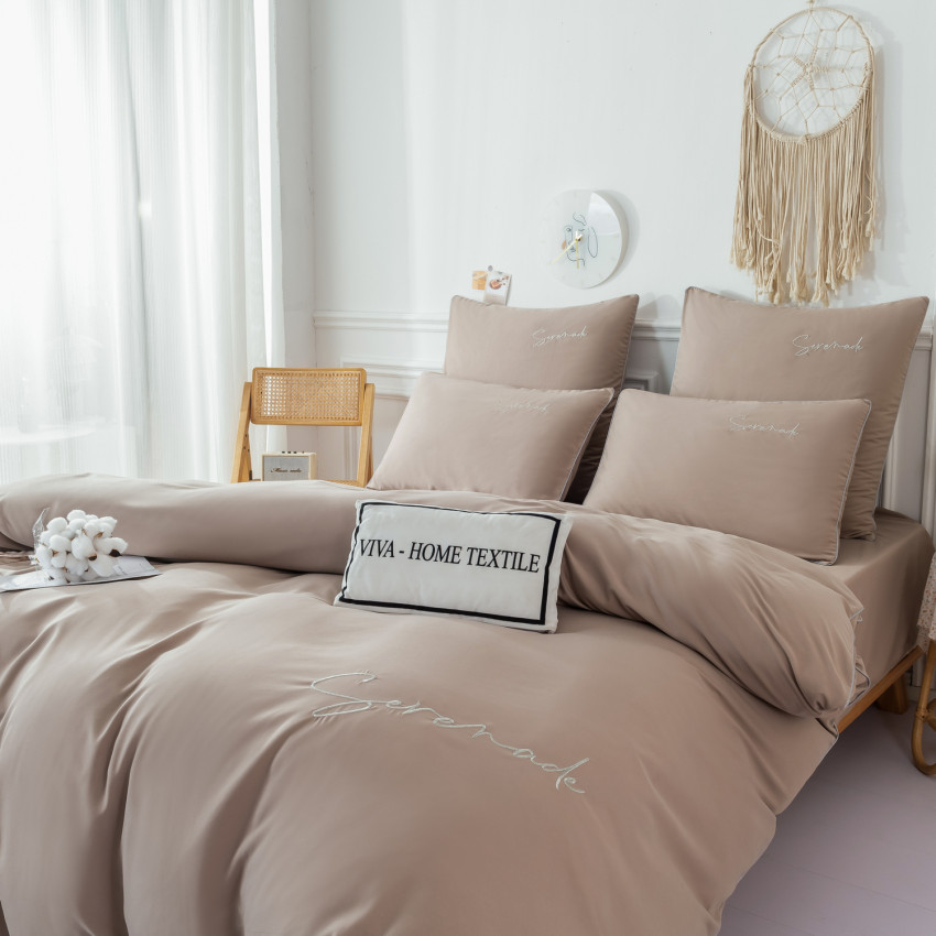 Комплект постельного белья Однотонный Сатин с Вышивкой CH028 Евро Бежевый