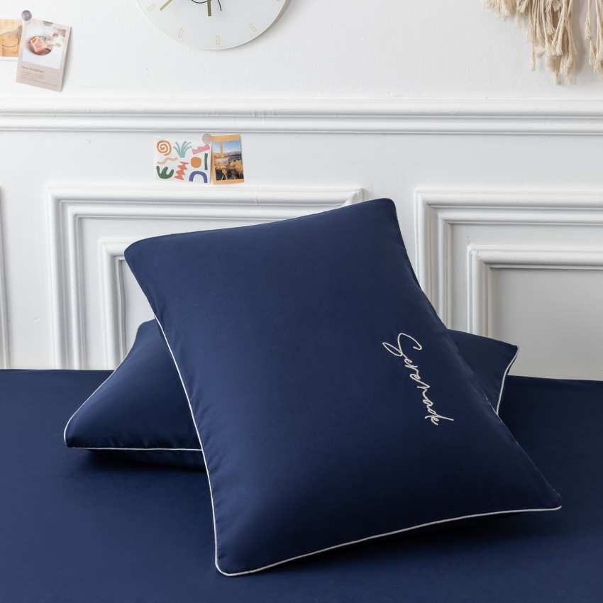 Комплект постельного белья Однотонный Сатин с Вышивкой CH021 Евро Синий