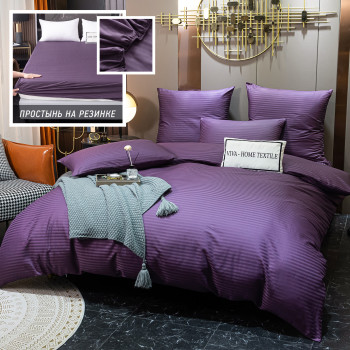 Постельное белье Страйп Сатин Фиолетовый 2 спальный, на резинке 180x200x25