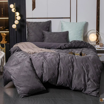 Комплект постельного белья Сатин Жаккард 002 Темно-серый Евро на резинке 140x200x25 наволочки 50x70