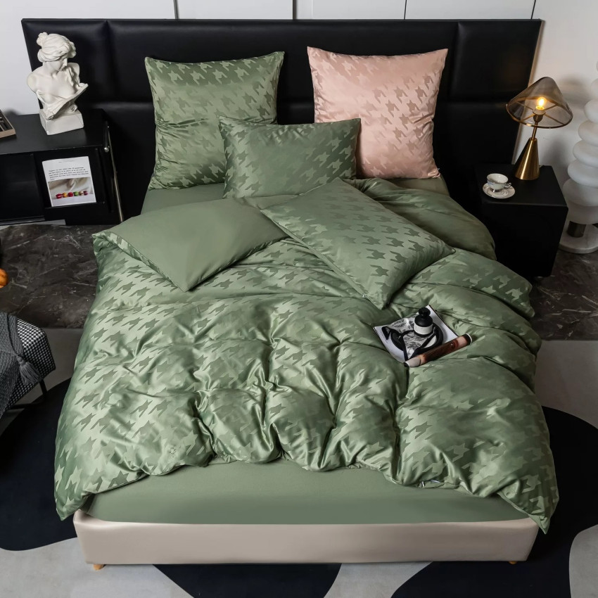 Комплект постельного белья Сатин Жаккард 004 Зеленый Евро на резинке 160x200x25 наволочки 70x70