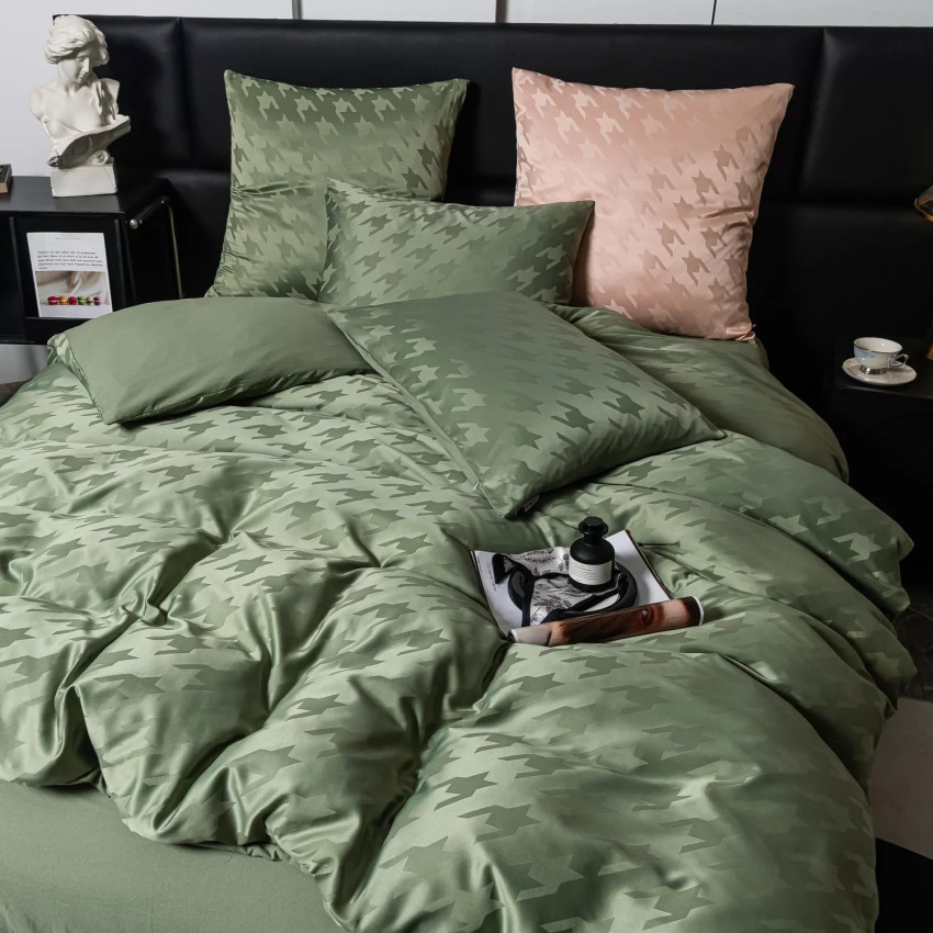 Комплект постельного белья Сатин Жаккард 004 Зеленый Евро на резинке 180x200x25 наволочки 70x70