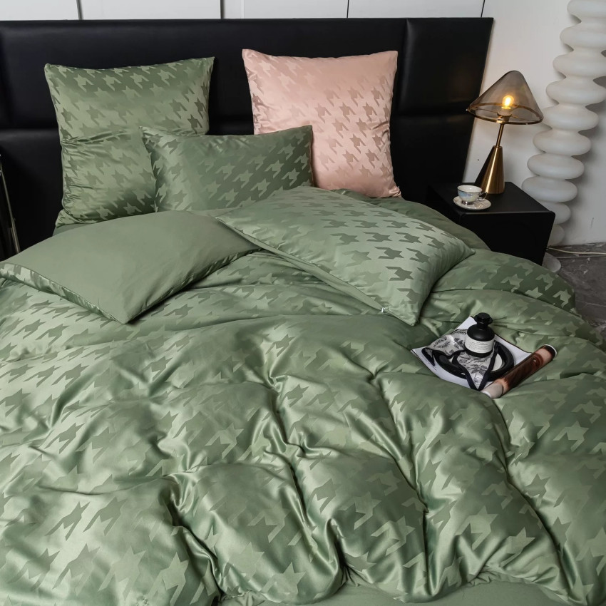 Комплект постельного белья Сатин Жаккард 004 Зеленый Евро на резинке 140x200x25 наволочки 70x70