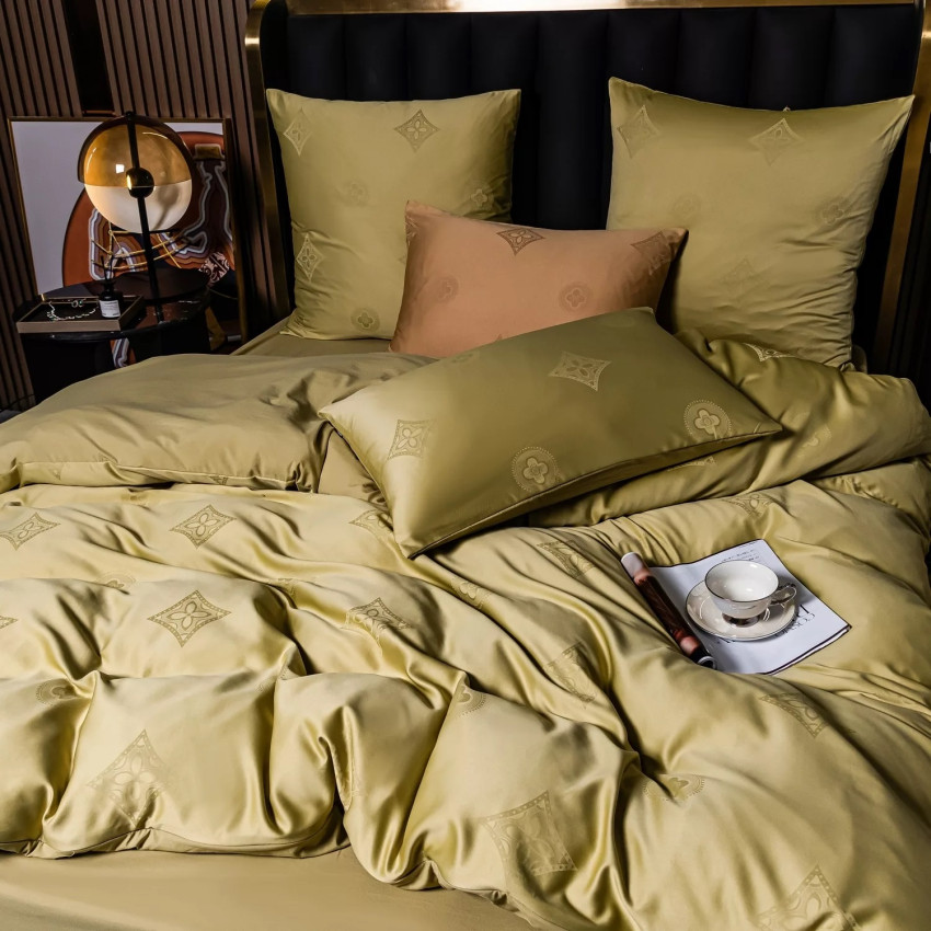Комплект постельного белья Сатин Жаккард 010 Золотисто-оливковый Евро на резинке 180x200x25 наволочки 50x70