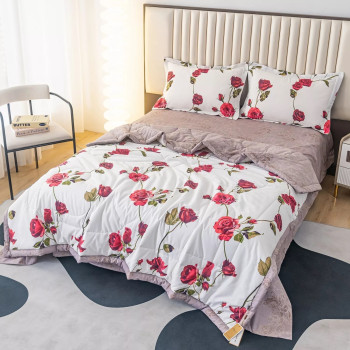 Комплект постельного белья Сатин с Одеялом 119 Серо-бежевый Евро наволочки 50x70