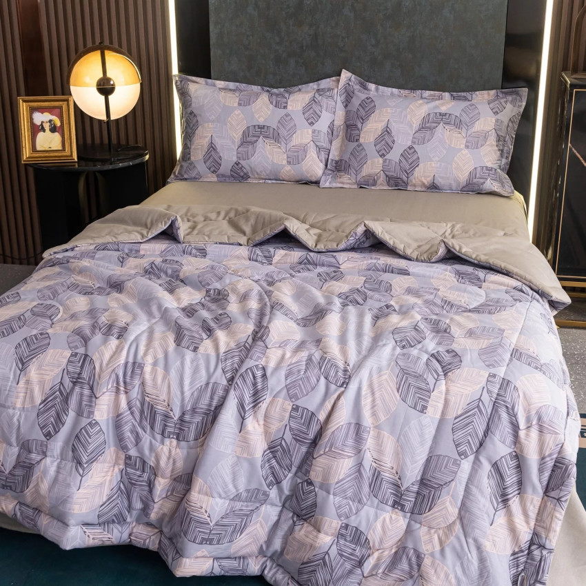 Комплект постельного белья Сатин с Одеялом 135 Сиреневый на резинке 160x200x25 Евро наволочки 50x70