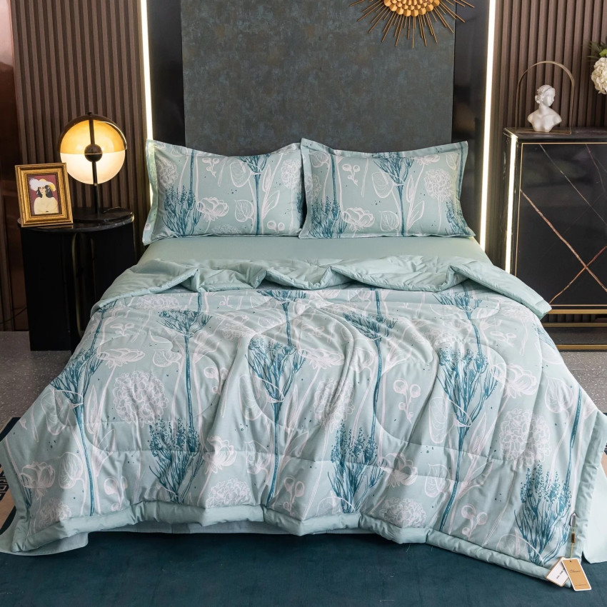 Комплект постельного белья Сатин с Одеялом 137 Светло-бирюзовый на резинке 180x200x25 Евро наволочки 50x70