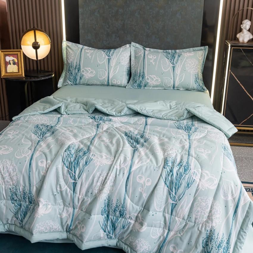 Комплект постельного белья Сатин с Одеялом 137 Светло-бирюзовый на резинке 160x200x25 Евро наволочки 50x70