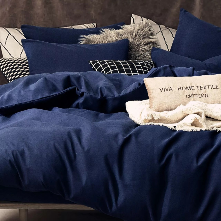 Комплект постельного белья Однотонный Сатин CS021 на резинке Синий Евро 4 наволочки
