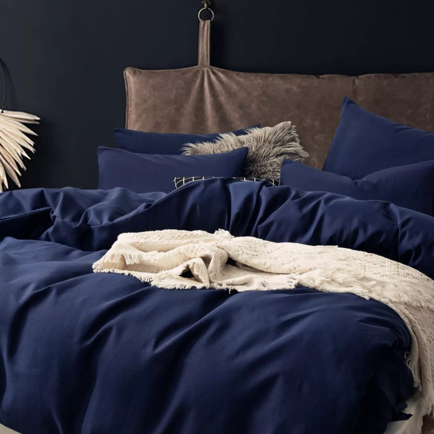 Комплект постельного белья Однотонный Сатин CS021 Синий Евро 4 наволочки