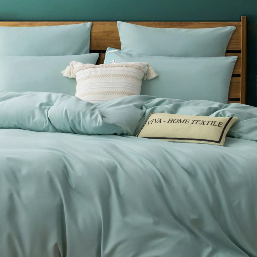 Комплект постельного белья Однотонный Сатин CS034 на резинке Светло-голубой Евро 4 наволочки