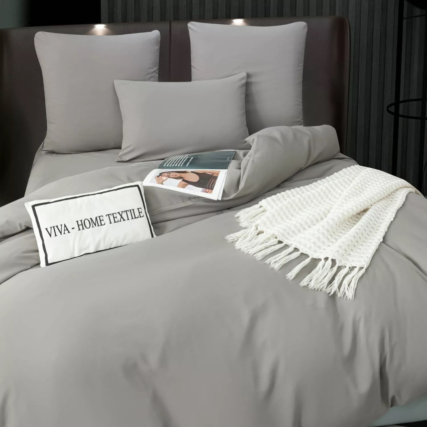 Комплект постельного белья Однотонный Сатин CS055 на резинке Серый Евро 4 наволочки
