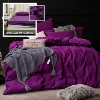Комплект постельного белья Однотонный Сатин CS027 на резинке Темно-фиолетовый Евро 4 наволочки