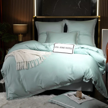 Постельное белье Египетский хлопок Премиум широкий кант Светло-бирюзовый 2 спальный на резинке 140x200x30