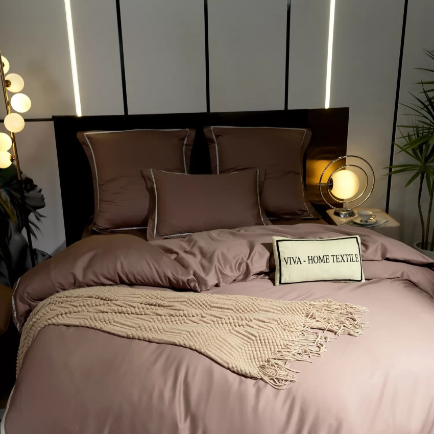 Постельное белье Египетский хлопок Премиум широкий кант Светло-коричневый 2 спальный на резинке 160x200x30