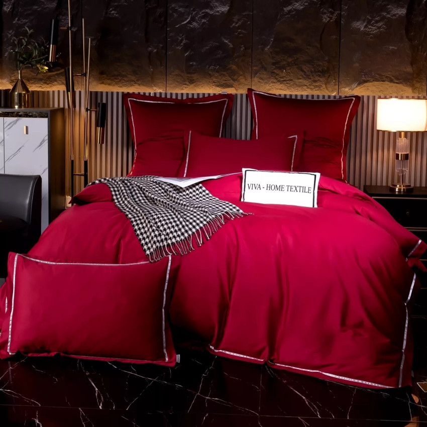 Постельное белье Египетский хлопок Премиум широкий кант Красный 2 спальный на резинке 160x200x30