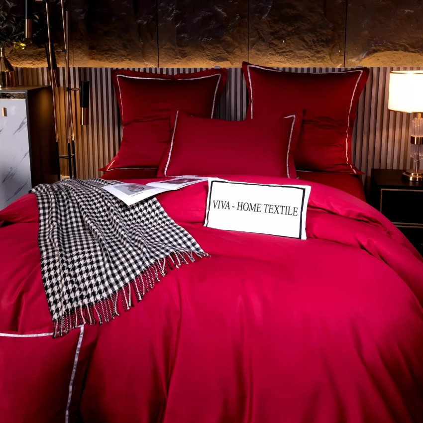 Постельное белье Египетский хлопок Премиум широкий кант Красный 2 спальный на резинке 180x200x30