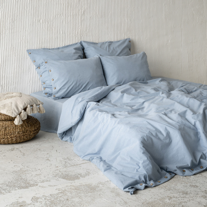 Комплект постельного белья Бойл Голубой Евро с простыней на резинке 180x200x25