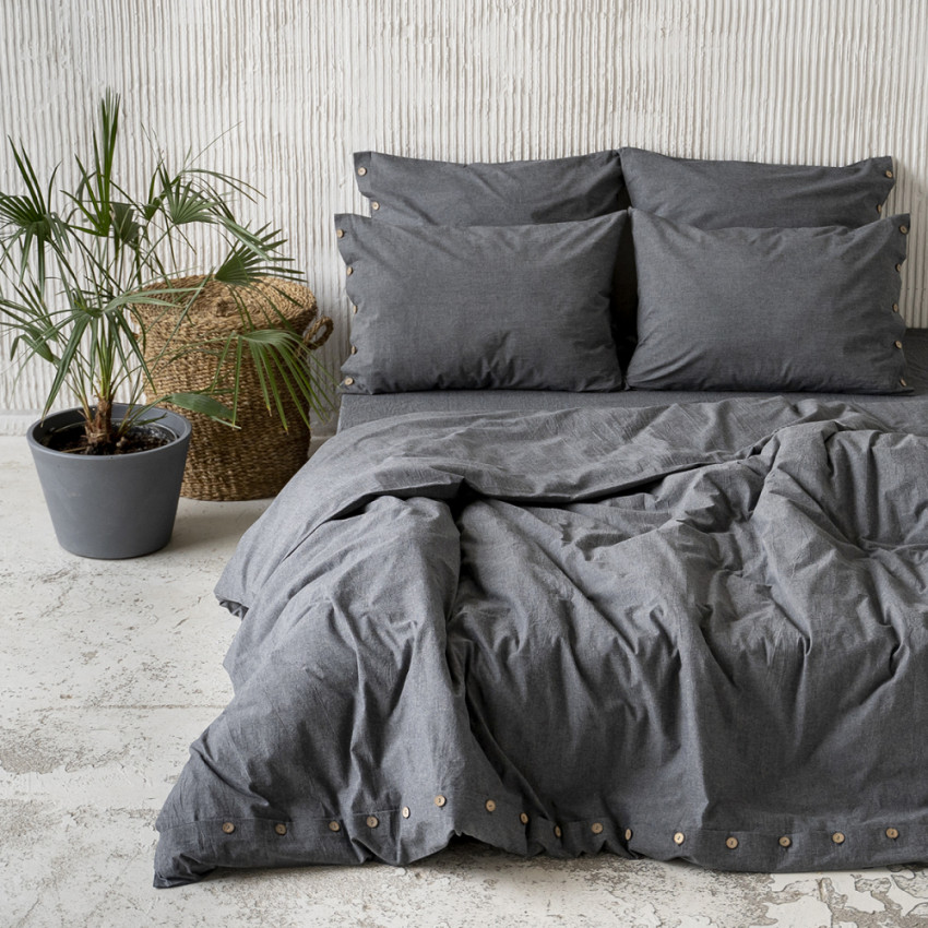 Комплект постельного белья Бойл Темно-серый Евро с простыней на резинке 180x200x25