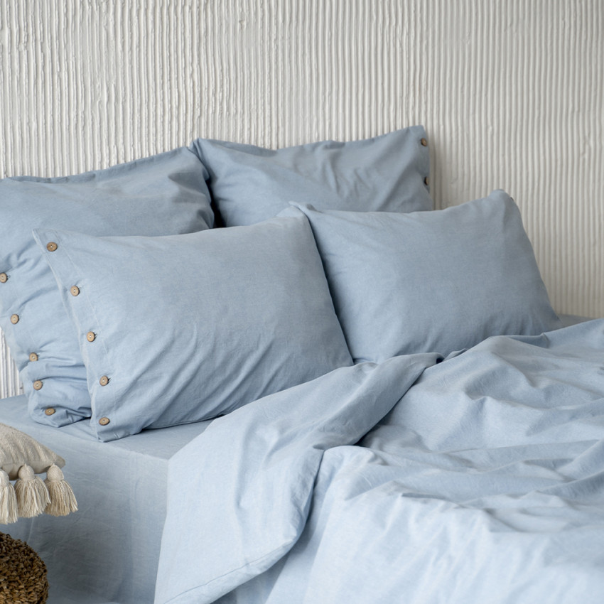 Комплект постельного белья Бойл Голубой Евро с простыней на резинке 180x200x25